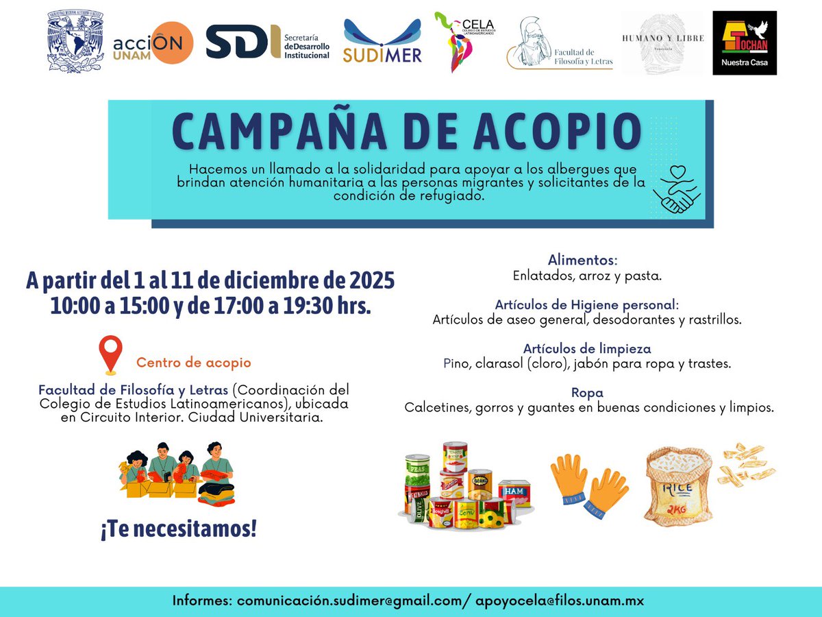 #AGENDASUDIMER 

Participa en la campaña de acopio.

📆 del 1 al 11 de diciembre de 2025
📍<a href="/filos_unam/">Filosofía y Letras UNAM</a> en la coordinación del <a href="/CELA_FFyL_UNAM/">CELA FFyL UNAM</a> 

Consulta los artículos que puedes donar.

¡Apoya y pasa la voz!