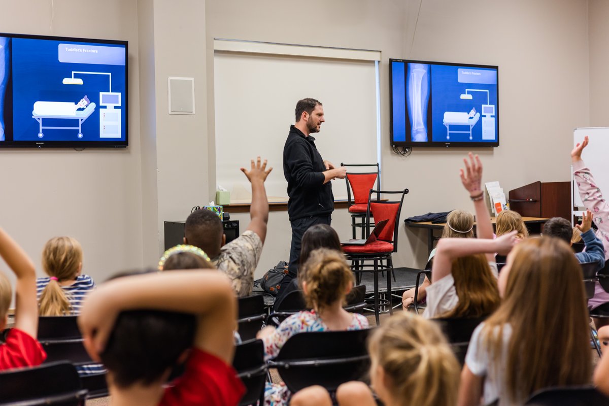 Dr. Tyler Wolf, Hill Country dad and Pediatric Resident at Dell Children's Hospital, visited 2nd grade for their study on the skeletal system, joints, and muscles. He showed how muscles and reflexes work, how our bodies heal, and talked about how to keep our bodies healthy.