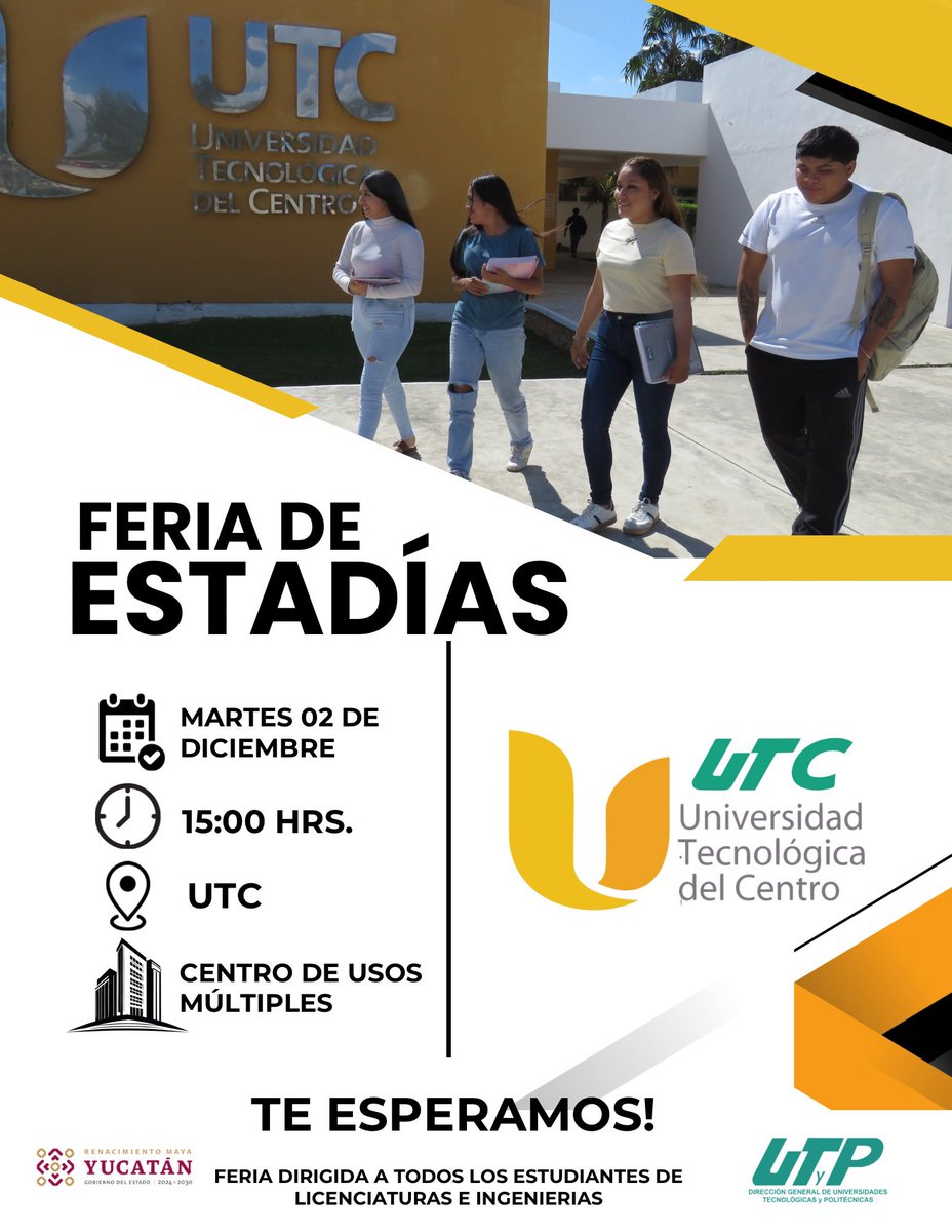 ¡Atención estudiantes! 🎓📚
Les invitamos a la Feria de Estadias que se llevará a cabo el día 2 de diciembre a las 3 pm en el Centro de Usos Múltiples. 🎉
¡No se pierdan la oportunidad de conectarse con empresas importantes , conocer nuevas oportunidades y divertirse! 🤩