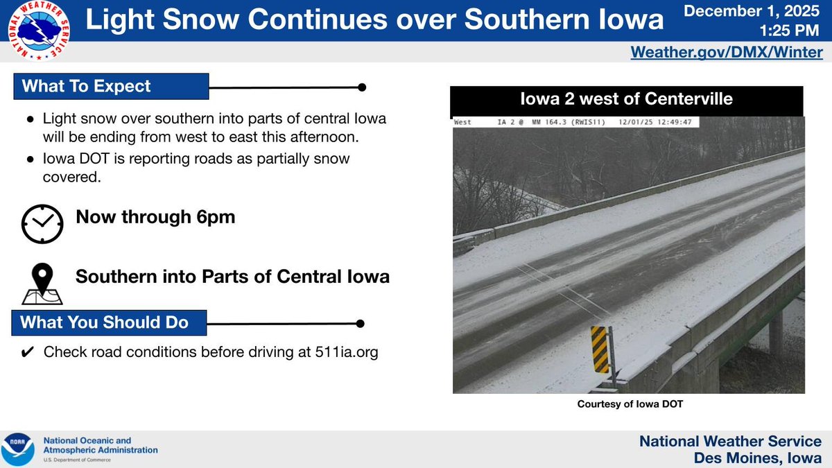 [12/1 1:26p] Light snow continues over southern and parts of central Iowa this afternoon with Iowa DOT reporting partially snow-covered roads. Snowfall is expected to end from west to east later today. Please monitor road conditions at 511ia.org.