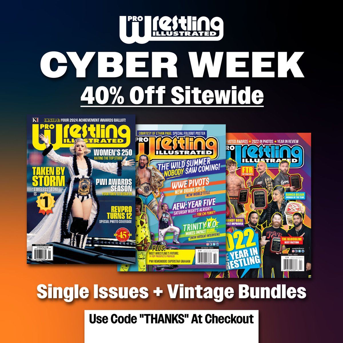 OfficialPWI's tweet image. 🚨 BIG NEWS, PWI COLLECTORS!

It&apos;s Cyber Week, and we are running our BIGGEST SALE EVER on all in-stock magazines (including, for a limited time, a restock of our #PWI500 edition).

Individual mags and vintage bundle packs are all 40% off, using code &quot;THANKS&quot; at checkout
