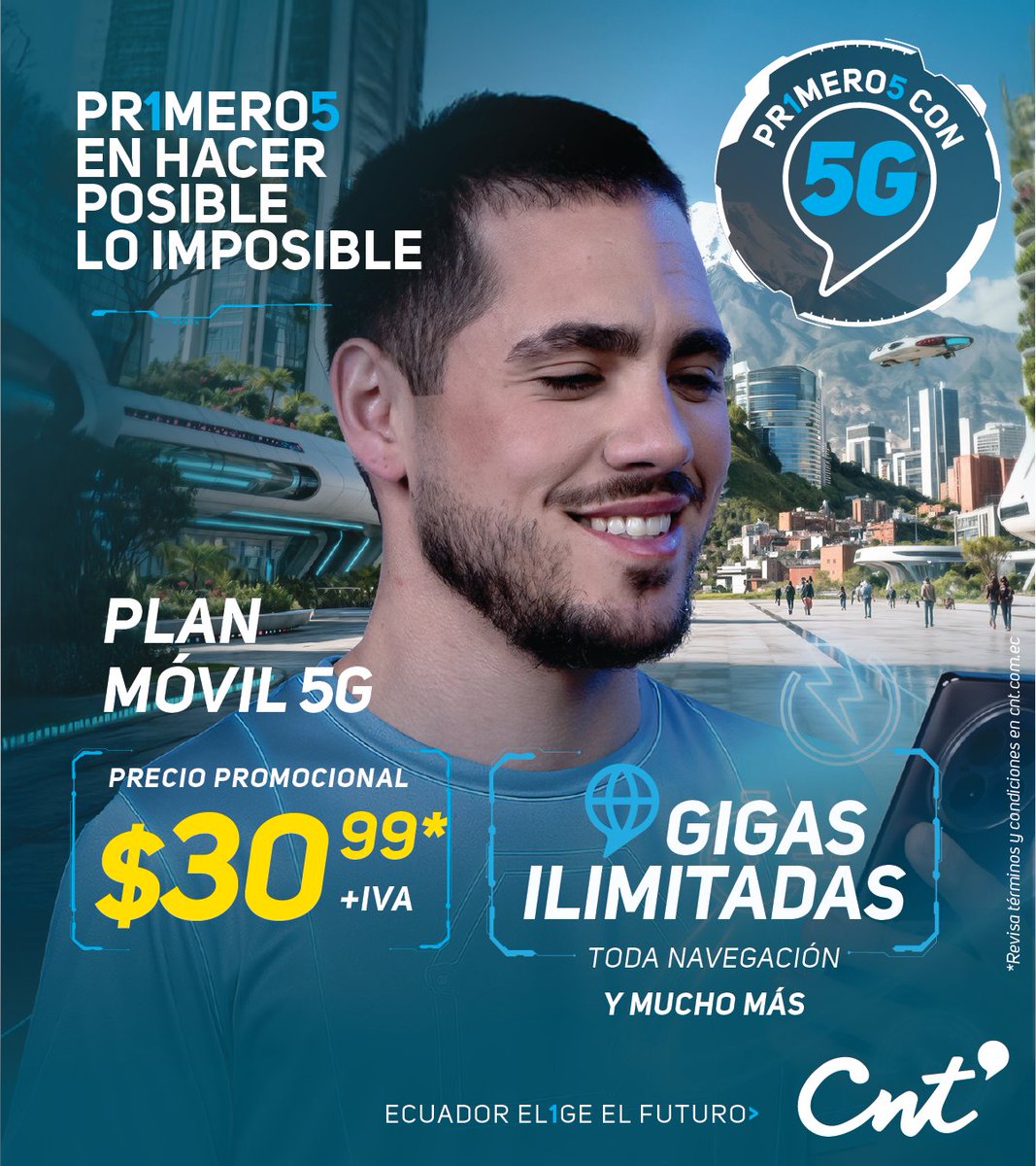 Con el Plan Móvil 5G de CNT tienes toda la conectividad que necesitas: GIGAS ILIMITADAS, minutos ilimitados y WhatsApp roaming.
Navega y disfruta todo con la mejor velocidad. 
No te quedes fuera, el futuro está aquí: bit.ly/MeInteresaUnPl… #Pr1merosCon5G #EcuadorEl1geElFuturo