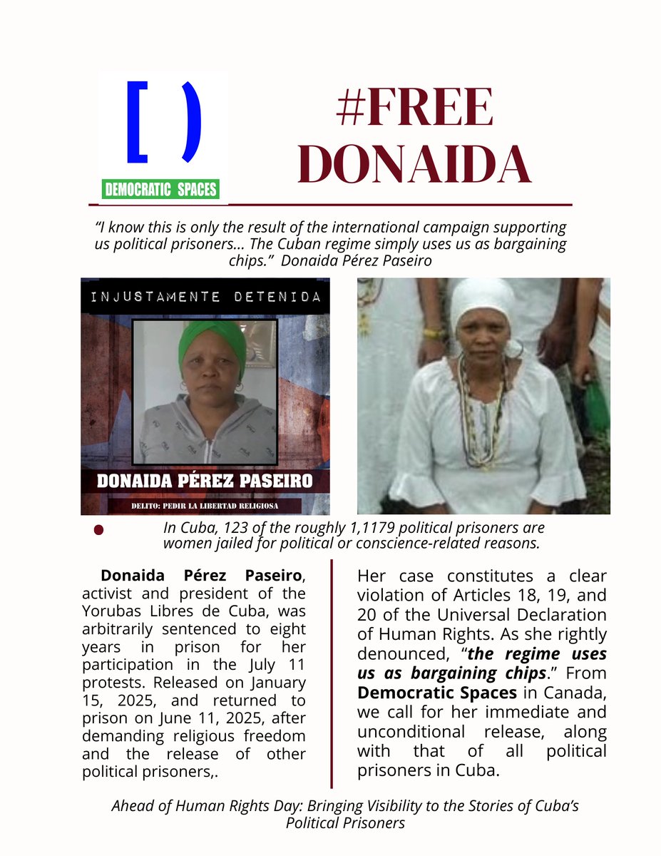 ngotranslations's tweet image. #Cuba Donaida Pérez Paseiro is arbitrarily imprisoned for daring to defend faith, dignity, and freedom. Her persecution violates Articles 18, 19, and 20 of the Universal Declaration of Human Rights. No one should be jailed for believing, speaking, or standing up. Democratic…