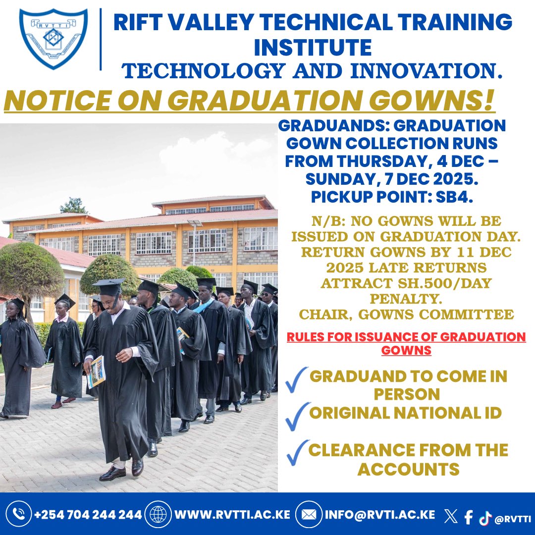 Congratulations to all our graduands! 🎓
Gowns are now ready for collection as from Thursday 4th December. Please make sure you collect yours on time as we prepare for the big day. We can’t wait to celebrate this milestone with you!

#RVTTI #JanuaryIntakeongoing