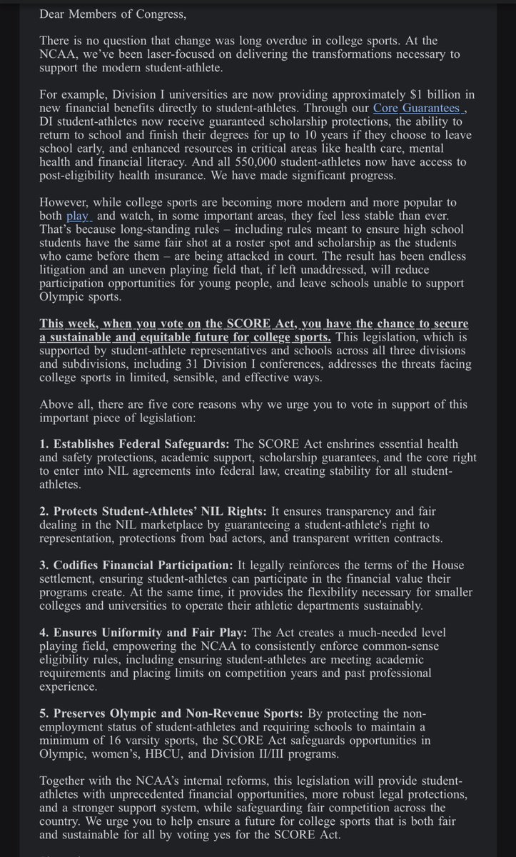 achristovichh's tweet image. NCAA president Charlie Baker has sent members of Congress a letter urging them to vote YES on the SCORE Act, which he says will come to a vote this week, per copy obtained by @FOS.

(Expecting the vote to be called for Wednesday, but could change.)