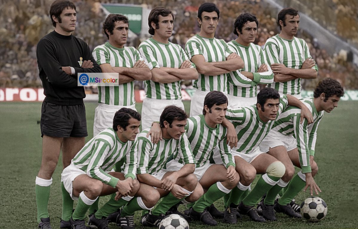 MSircolor's tweet photo. Foto coloreada del #RealBetis 72-73 #Campos #Bizcocho #Telechía #Cobo #PepeGonzález #Frigols;;#DelPozo #Jenaro #López #Rogelio #Benítez el entrenador era el Húngaro #FerencSzuzsa https://t.co/ZeElwnuqp2