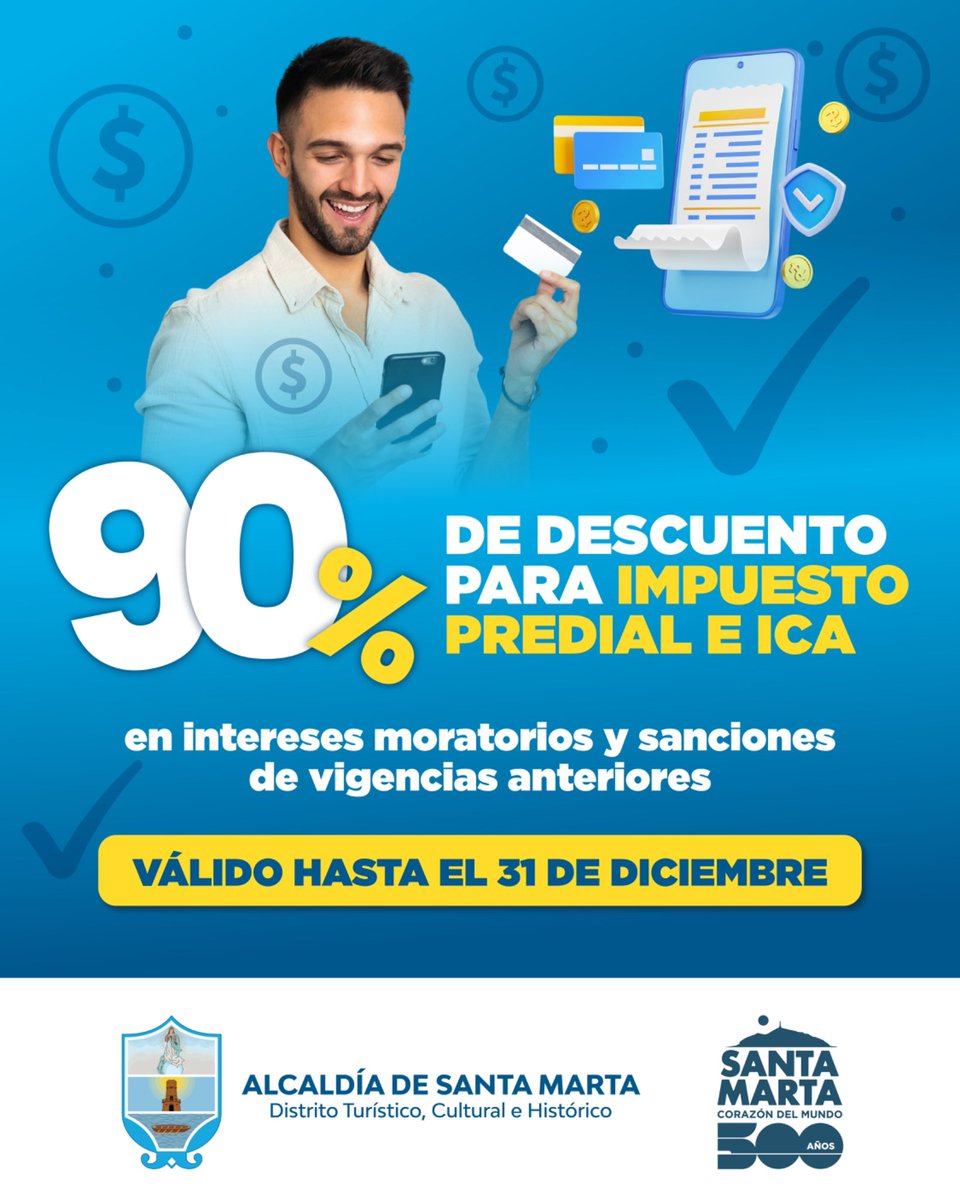 ¡Aprovecha esta gran oportunidad!

Extendimos la fecha para que puedas ponerte al día: ahora tendrás hasta el 31 de diciembre para obtener un 90% de descuento en intereses moratorios y sanciones del Impuesto Predial e ICA de vigencias anteriores.