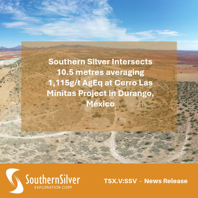 Southern Silver reports that rush assays from initial drilling on Puro Corazon claim have returned near surface Bonanza-grade silver mineralization. More details here: bit.ly/49Vhdp7

#SSV #TSXV #CerroLasMinitas #MiningStocks #GOLD #Silver #Investing  #JuniorMining