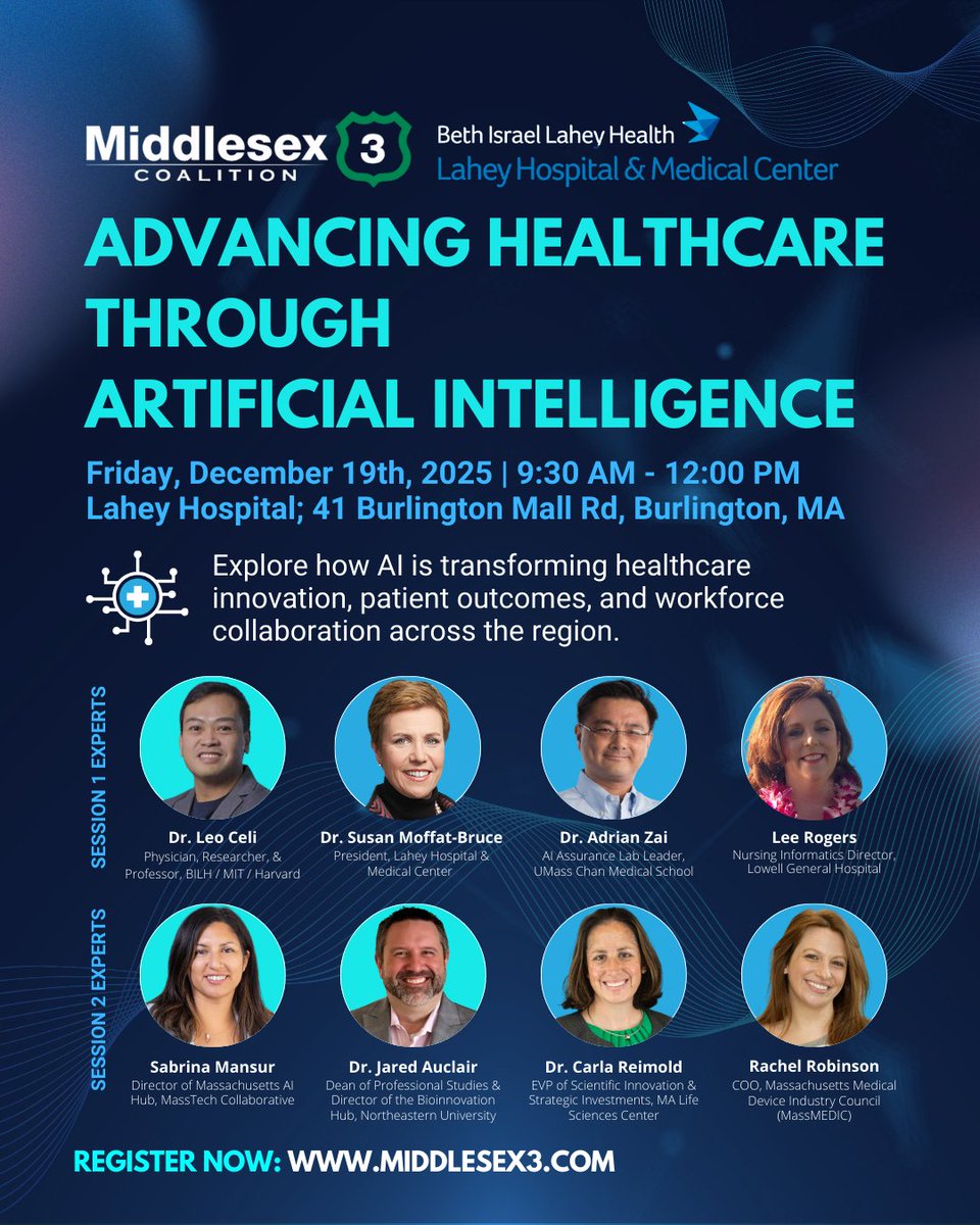 Join us Friday, 12/19, for Advancing Healthcare Through AI at Lahey Hospital, bringing together leaders, researchers, and innovation experts to explore AI’s impact on patient care, operations, and workforce development.

Don't miss out — register now: middlesex3.com/upcoming-event…