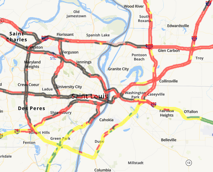 jmillitzer's tweet photo. This is a look at St. Louis traffic Monday afternoon. The red means slow and the grey roads are stopped. Stay home if you can or delay your drive if possible. Check our traffic map here: https://t.co/zhgI15d0cf https://t.co/UmqdNmOG9X