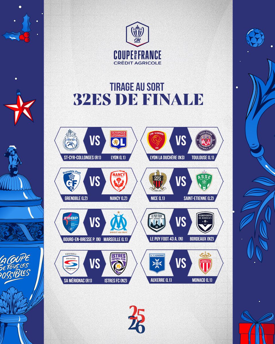 coupedefranceCA's tweet image. 𝑻𝑰𝑹𝑨𝑮𝑬 𝑬𝑭𝑭𝑬𝑪𝑻𝑼𝑬́ ! ✅

Alors, quel match attendez-vous le plus ? 🏆👀

🔜 On vous donne rendez-vous le week-end du 20/21 décembre pour vivre les 32es de finale de la Coupe de France Crédit Agricole, juste avant les fêtes de fin d’année 🎁😄 

#CDFCA