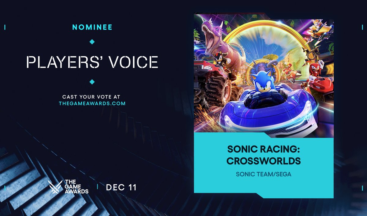 sonic_hedgehog's tweet image. We&apos;re racing for the podium of your hearts. Sonic Racing: CrossWorlds has been nominated for #thegameawards Players&apos; Voice and we need your help to win! Round 1 voting ends TOMORROW at 6:00pm PST!

Vote now: thegameawards.com/brackets/playe…