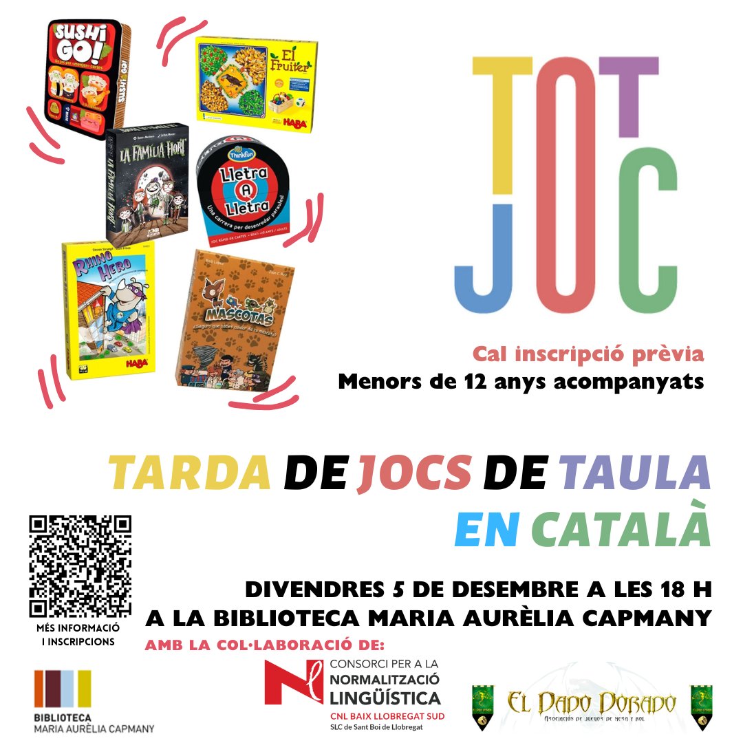 ¡Este viernes 5 de diciembre estaremos en la Biblioteca Maria Aurèlia Capmany de Sant de Llobregat dinamizando una ludoteca dedicada a juegos traducidos al catalán! ¡Os esperamos! bibliotequesdesantboi.wordpress.com/2025/11/03/tar…