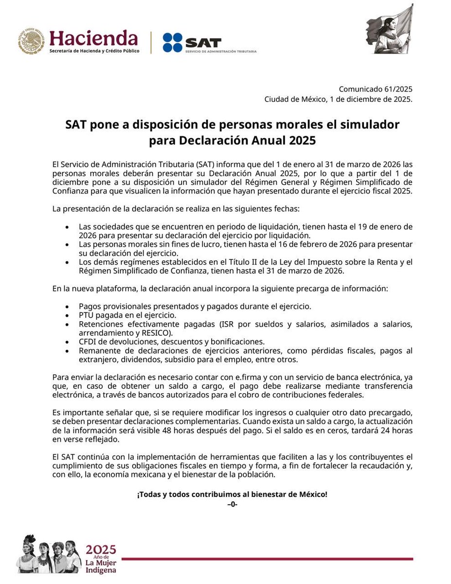IMER_Noticias's tweet image. 📢 El @SATMX informó que ya está disponible el simulador de la #DeclaraciónAnual 2025 para personas morales del Régimen General y del Régimen Simplificado de Confianza.

La herramienta permite consultar la información del ejercicio fiscal 2025.