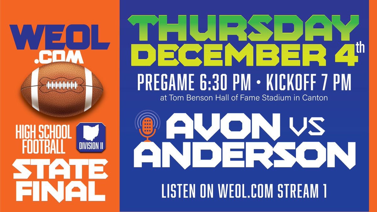 THE STATE CHAMPIONSHIP is this week on WEOL.com!🏈

Thursday's DII State Final👇

Avon (<a href="/avoneagles/">avoneagles</a>) vs Cincinnati Anderson (<a href="/_AHS_Football/">Anderson Football</a>)

🗓️Thursday, Dec. 4th
⏰6:30p pregame, 7p kickoff
🎧weol.com/live-content/s…