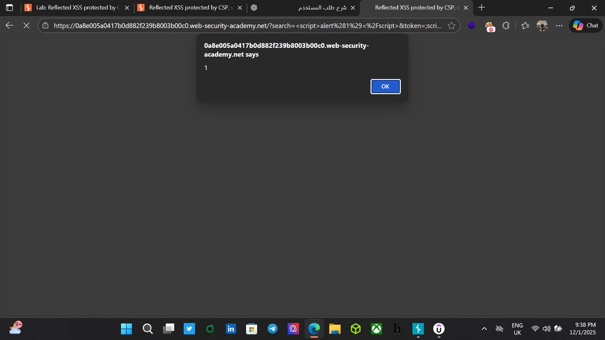 I completed the Web Security Academy lab:
Reflected XSS protected by CSP, with CSP bypass
LAB 28✅
<a href="/WebSecAcademy/">Web Security Academy</a>
 portswigger.net/web-security/c…
