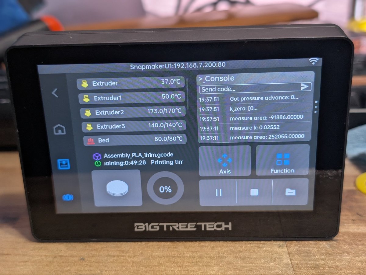 TechJeeper's tweet image. Had a @BigTreeTech Panda Touch laying around that I decided to flash the firmware for K-Touch firmware on - BAM!  Remote monitoring for the @snapmaker U1!