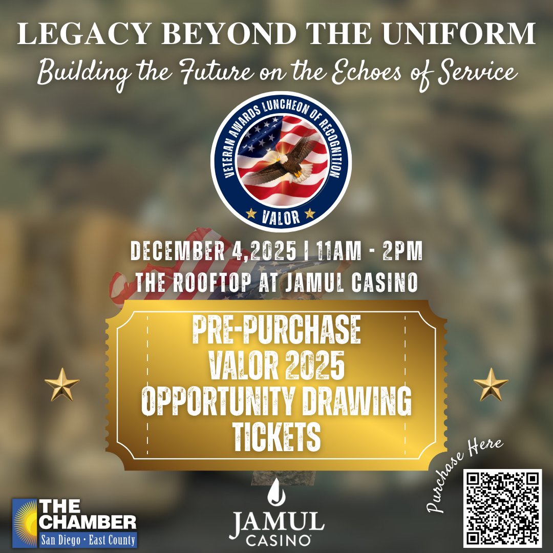 sdeccc's tweet image. ⭐️ Pre-Purchase Your VALOR 2025 Opportunity Drawing Tickets! ⭐️

As we gather on December 4, 2025 from 11AM – 2PM at The Rooftop at Jamul Casino, don’t miss your chance to participate in this year’s exciting opportunity drawings benefiting VECA and the veteran community.

🎟️ Scan…