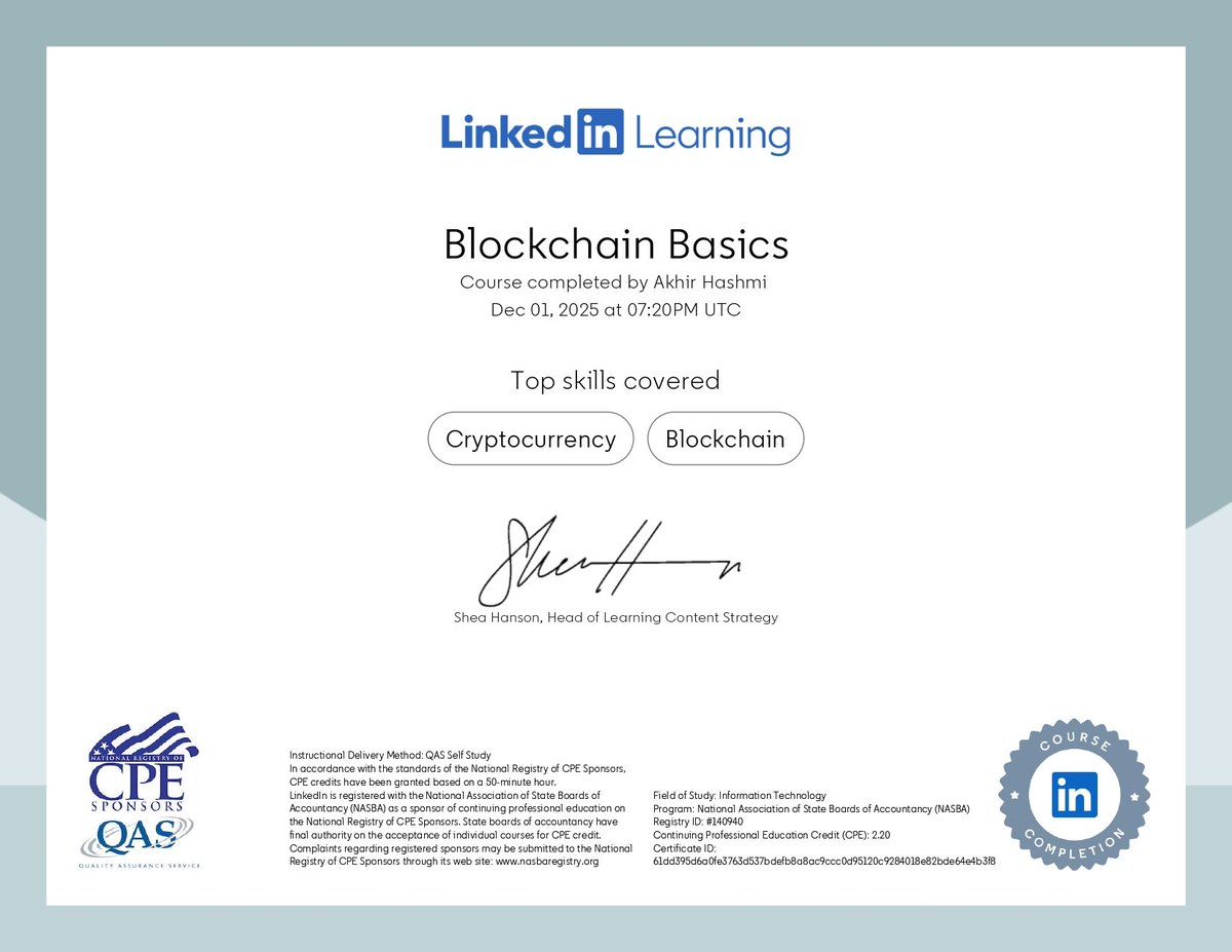 HashmiAakhir's tweet image. Blockchain basics unlocked! Certified and ready to dive into the crypto world. 🔗✨

#Blockchain #LinkedInLearning