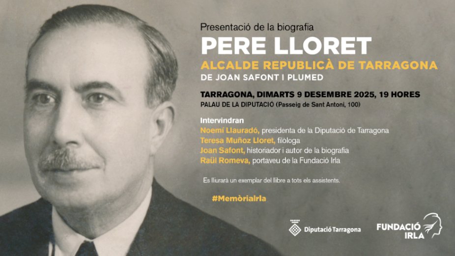 📆✍️ Nova data per reservar-te a l'agenda!

T'esperem el proper 9 de desembre a Tarragona per a presentar la nova #BiografiaIrla 📔 «Pere Lloret. Alcalde republicà de Tarragona», escrita per <a href="/joansafont/">Joan Safont</a> #BecaTarradellas

Més informació 📲 f.mtr.cool/upzazoocro