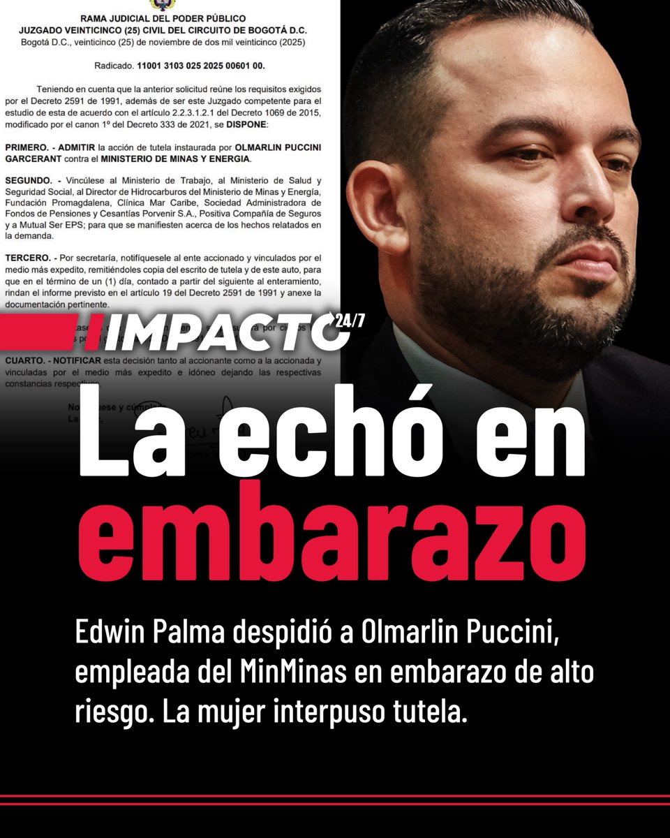 Impacto24_7's tweet image. 🚨🇨🇴 PREDICAN PERO NO APLICAN | Olmarlin Puccini, una empleada del Ministerio de Minas, interpuso una denuncia en la que asegura que fue despedida por Edwin Palma estando embarazada y además con una gestación de alto riesgo. Resulta curioso que a la autoproclamada potencia de la…