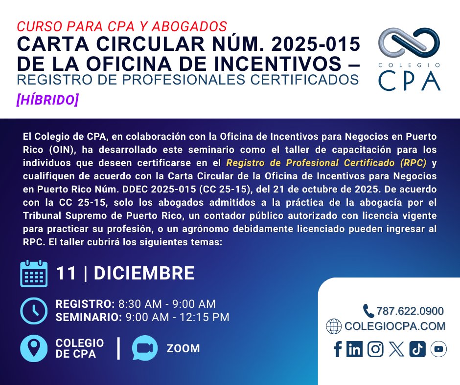 colegiocpapr's tweet image. [HÍBRIDO] 📢¿Cuál es el procedimiento para el Registro de Profesionales Certificados?

✅Matricúlate en este seminario y conoce más:
💻Virtual: bit.ly/3JLcLP6
👥Presencial: bit.ly/4pJ4PgD
#CCPA #TrazandoNuestroRumboMásAlláDeLosNúmeros