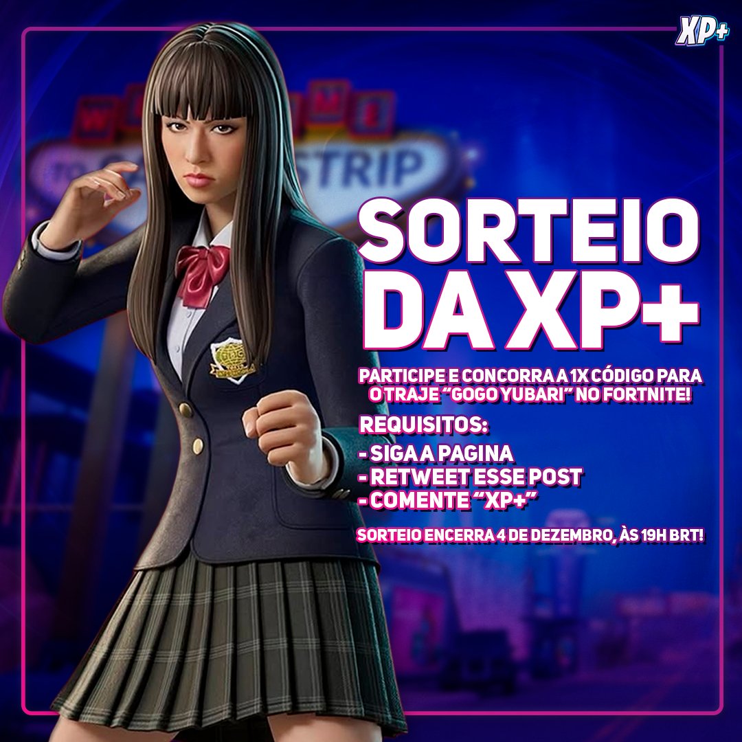🚨 MAIS SORTEIO ROLANDO!

Participe desse sorteio e concorra a 1x Código do traje Gogo Yubari no #Fortnite!

Requisitos:
✅ Siga a página
🔄 Retweet o post 
🗨️ Comente "XP+" 

O sorteio encerra em 4 de dezembro, às 19h BRT, e o resultado sai um tempo depois.