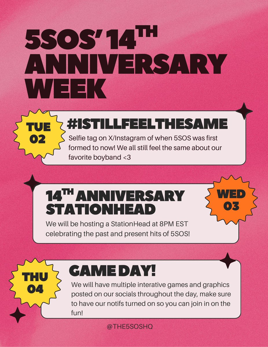 THE5SOSHQ's tweet image. ⭐️ @5SOS turns 14 this week! Come join us for the next few days to celebrate with selfies, StationHeads, games and more! ⭐️

Hope to see you there!