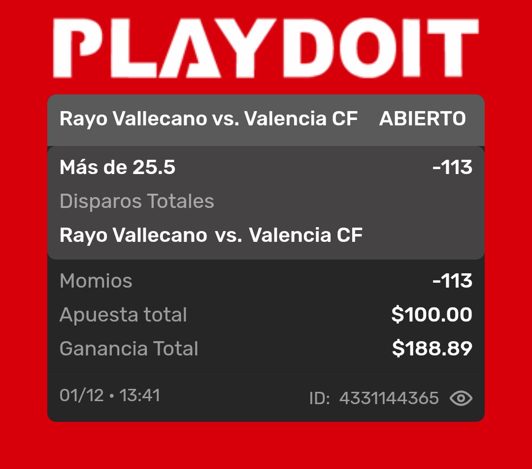 ⚽️Rayo vallecano vs Valencia
☝️Over 25.5 tiros
📉-113
💵1u
⏰️14:00