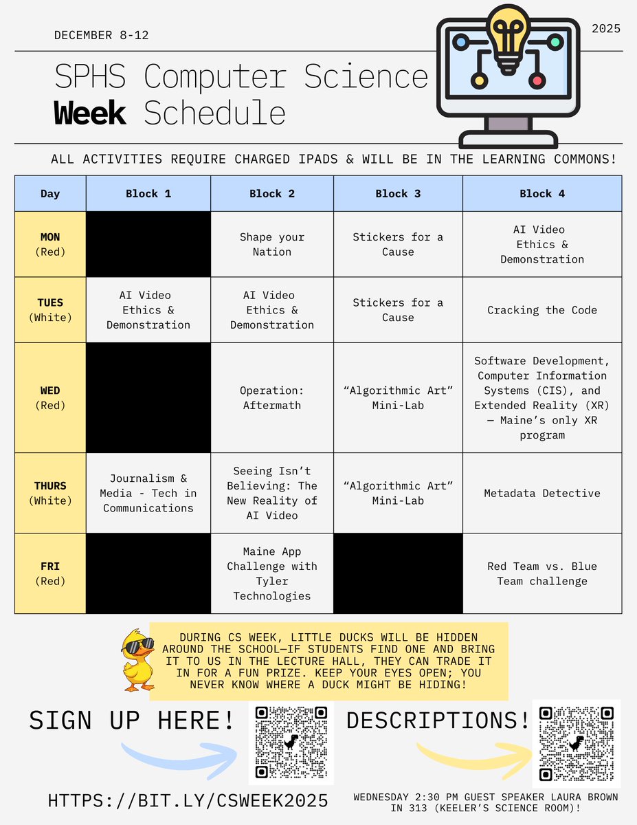 MrsYorkME's tweet image. Our CS Week Plans are live! Who&apos;s excited for CS Week?! We&apos;re excited for CS Week! #csweek2025 #cseducation #hourofcode #spsdme #mainecsta