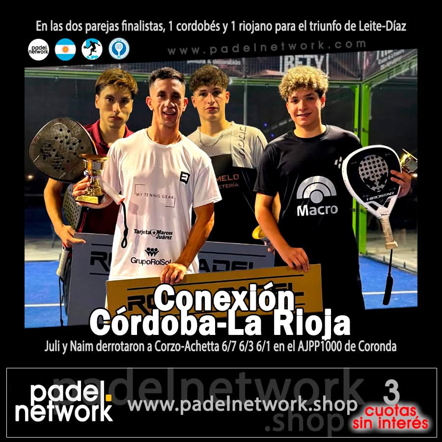 Sigue la rotacíón de compas de Juli Leite y ahora el ex #1 unió fuerzas con el riojano Naim Díaz para ganar el AJPP 1000 de Coronda derrotando a Corzo-Achetta (otra conexión La Rioja-Córdoba) 6/7 6/3 6/1. En semis, Pirovani-Altamirano y Aralla-García.
padelnetwork.com/ajpp/2025/novi…