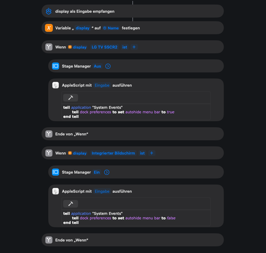 drefrajo's tweet image. Just automated to disable stage manager and auto-hide the MacOS menu bar on connecting my MacBook to my TV monitor.

Pretty awesome what you can do with Siri Shortcuts.