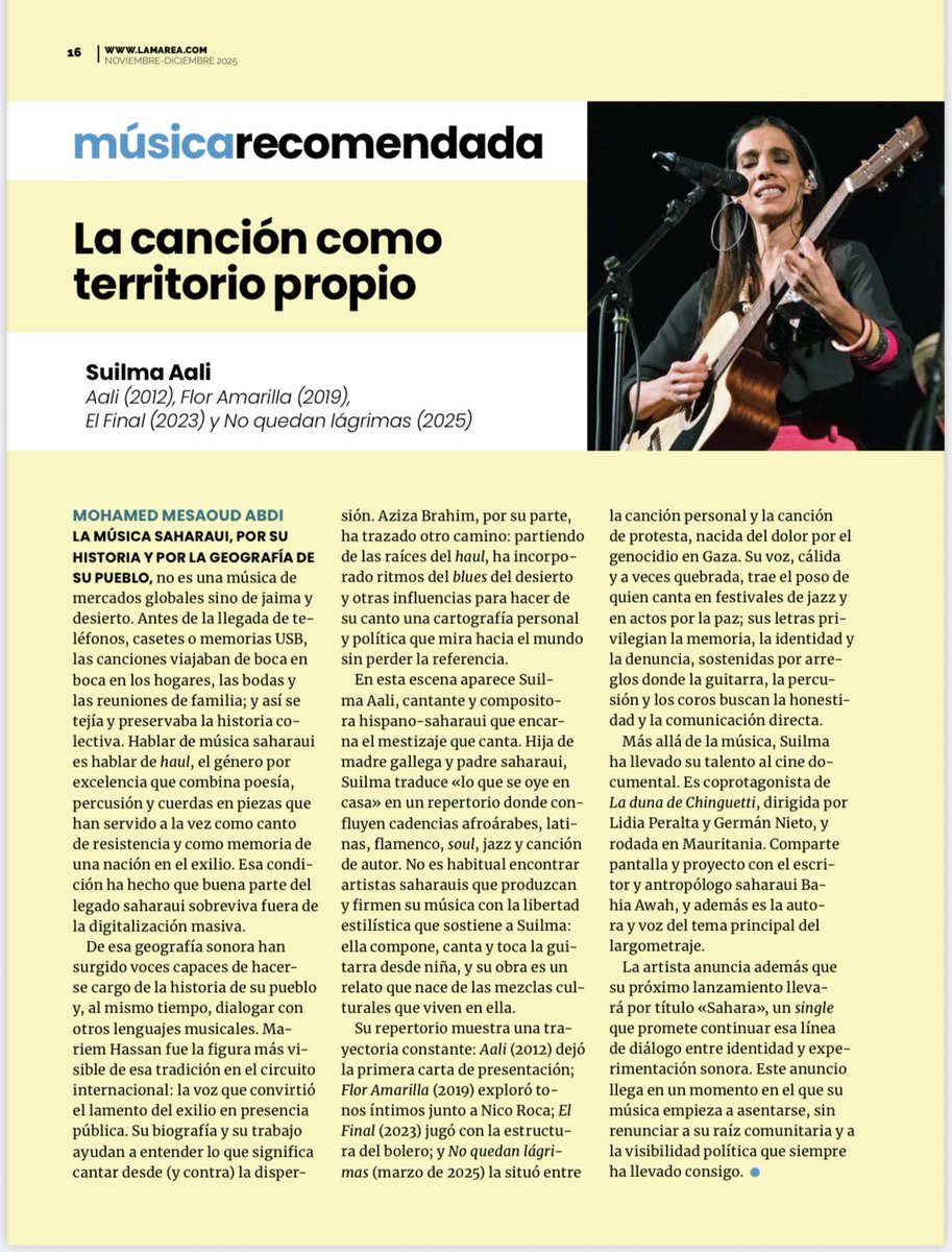 Ya salió la reseña sobre mi en el suplemento cultural, El Periscopio de <a href="/lamarea_com/">La Marea</a> en el número dedicado a el Sáhara Occidental.  🇪🇭🤎

Muchas gracias Mohamed Mesaoud Abdi por tus bellas palabras y a <a href="/lauracasielles/">Laura Casielles</a>  por la coordinación y el trato exquisito. 
🙏🏽💫