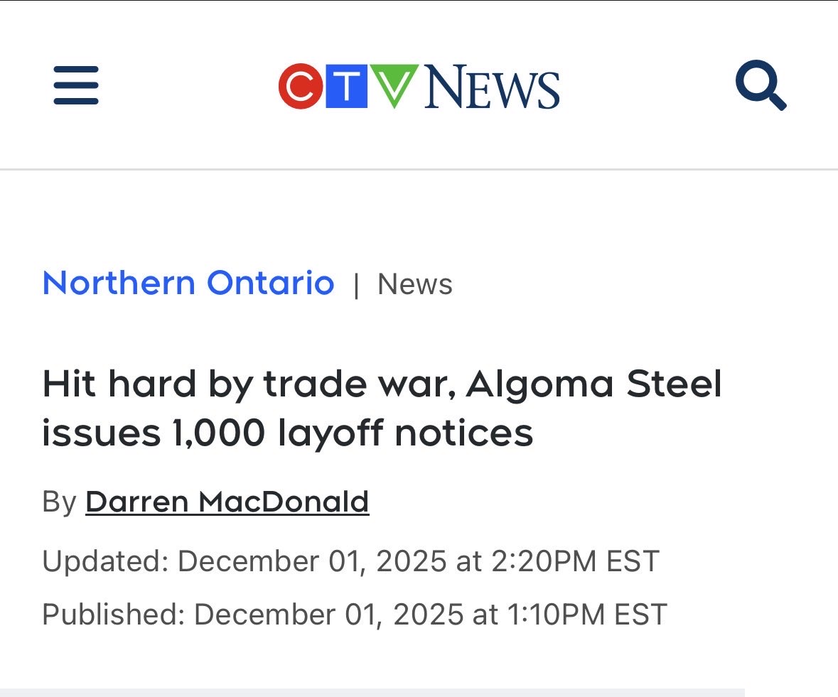 ryangerritsen's tweet image. Algoma Steel who received half a billion dollars this year courtesy of Canadian tax payers is now laying off 1000 workers. That will be devastating to Sault Ste. Marie. But like Carney said when he was asked when he last talked to Trump,  “who cares”