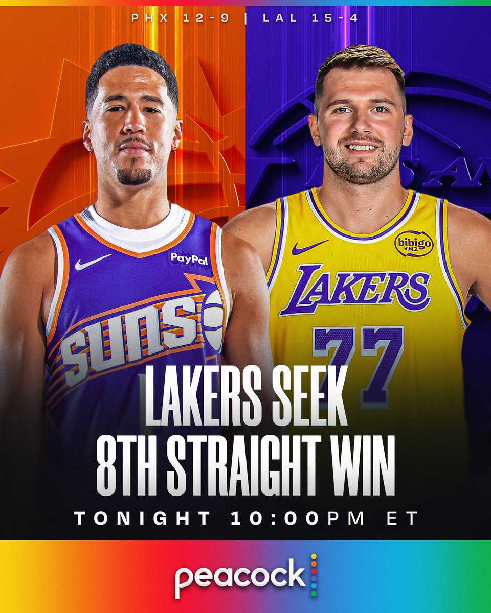 Book: 25.7 PPG, 6.9 APG 🔥
Luka: 35.1 PPG, 9.2 APG 🔥

Superstar guards duel in LA as Luka Dončić (6 consecutive 30+ PT games) and the Lakers aim for their 8th straight victory as they host Devin Booker and the Suns.

10:00pm/et • Peacock 
