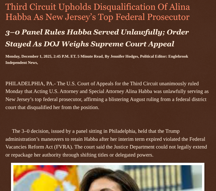 ArtFletcher9's tweet photo. Third Circuit Upholds Disqualification Of Alina Habba As New Jersey’s Top Federal Prosecutor https://t.co/TnQeUbzDCx via @Englebrooknews #NewJersey #NewarkNJ #USCourt #appeals #thirddistrict #upholds #lowercourt #USAttorney #AlinaHabba #Disqualification @wireless_step @HRG_Media @LodiNJNews @fordmb1 @SarahGeving1 @Shannon96574094 @Daytobehappy @janninereid1 @MichelleF_35 @gator4kb18 @TrumpWasRite2 @KathyKbrose @RobGerundo @JimBobW49