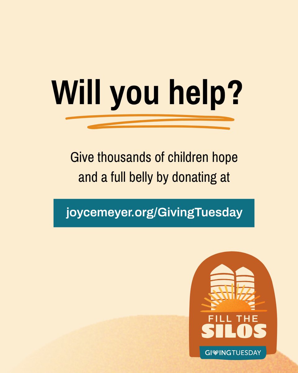 JoyceMeyer's tweet image. Tomorrow is #GivingTuesday! 2 silos. 1 mission. Millions of meals. Together, we can do this. 

Don't miss your chance to be a part…give now at joycemeyer.org/GivingTuesday