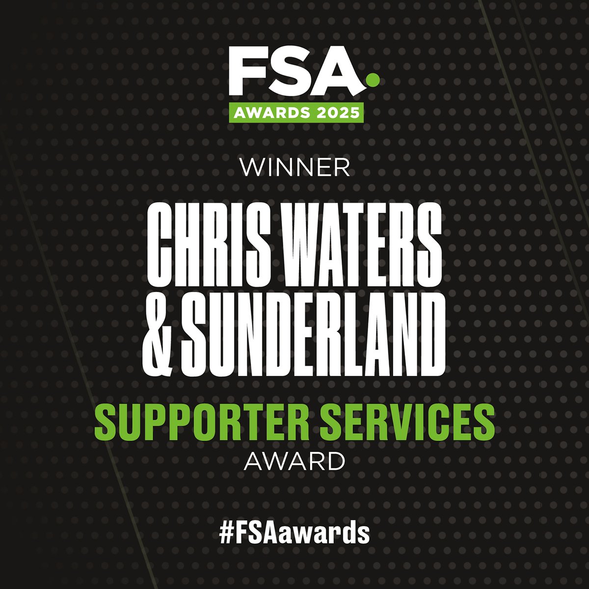WeAreTheFSA's tweet image. The winner of the FSA Supporter Services Award 2025 is Chris Waters and @SunderlandAFC 

#FSAawards