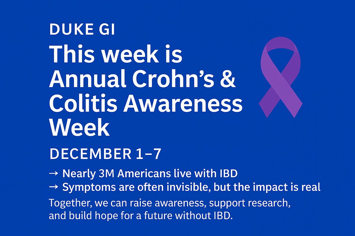 Duke_GI_'s tweet photo. This week is Crohn’s &amp; Colitis Awareness Week.
🟣 Nearly 3M Americans live with IBD conditions, often invisible but certainly life-changing. 
🟣Join Duke GI in raising awareness &amp; supporting all affected. 
💜 #IBDAwareness #IBDLooksLike #CrohnsAndColitisAwarenessWeek #IBDVisible https://t.co/MIbenMkD07