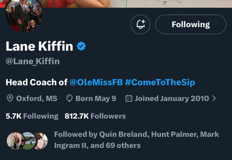 LSURob504's tweet photo. Ok, @Lane_Kiffin, I’ll follow. But can we update the bio info please? https://t.co/vvQNwJzPNd