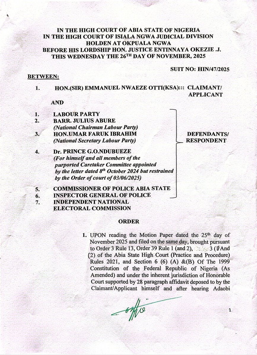 writivism1's tweet photo. BREAKING: 
Abia High Court (HIN/47/2025) has restrained Julius Abure &amp; his group from holding any LP ward, LGA or state congresses.All their planned congresses are ILLEGAL &amp; VOID.
Real LP congresses under Sen. Nenadi Usman coming soon.Police &amp; INEC must enforce the court order https://t.co/8Rz8uce68l