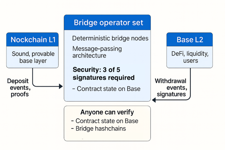 nockchain's tweet image. Update on our bridge to @base.

- We've finished writing and testing the Bridge contracts
- We've finished writing the Bridge nodes
- We're now finalizing and testing the Hoon state machine for the Bridge hashchains

So we're updating the target date for launch. We can't rush…