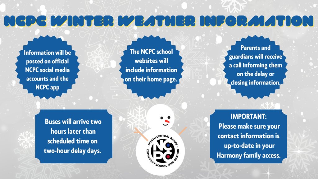 ❄️Old man winter❄️ has come early!
NCP Schools will take precautions to ensure the safety of their students and staff.  
Various methods are used to notify parents and students about closures or delays:
📳phone calls
🌐social media
💻school webpages
📲NCPC app
#ncpschools
