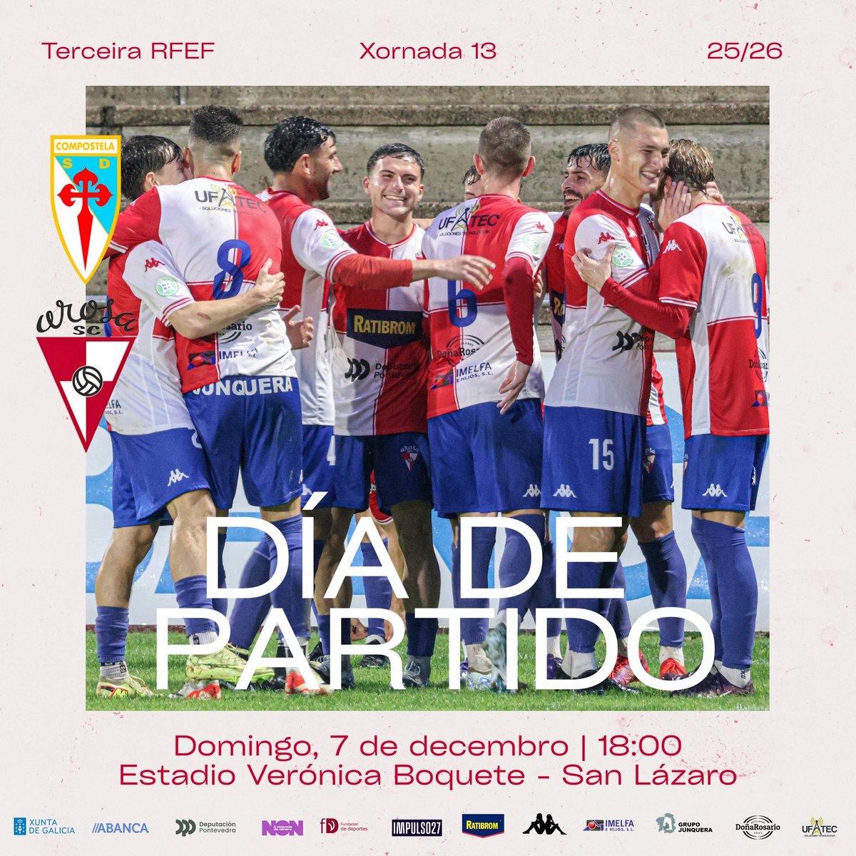 😉 Volve o equipo senior cun PARTIDAZO! 

🏆 #TerceraFederación: Xornada 13 
🆚 SD Compostela 
📅 Domingo, 7 de decembro 
🕕 18:00
🏟️ Estadio Verónica Boquete - San Lázaro

#SempreArosa #ArosaSC