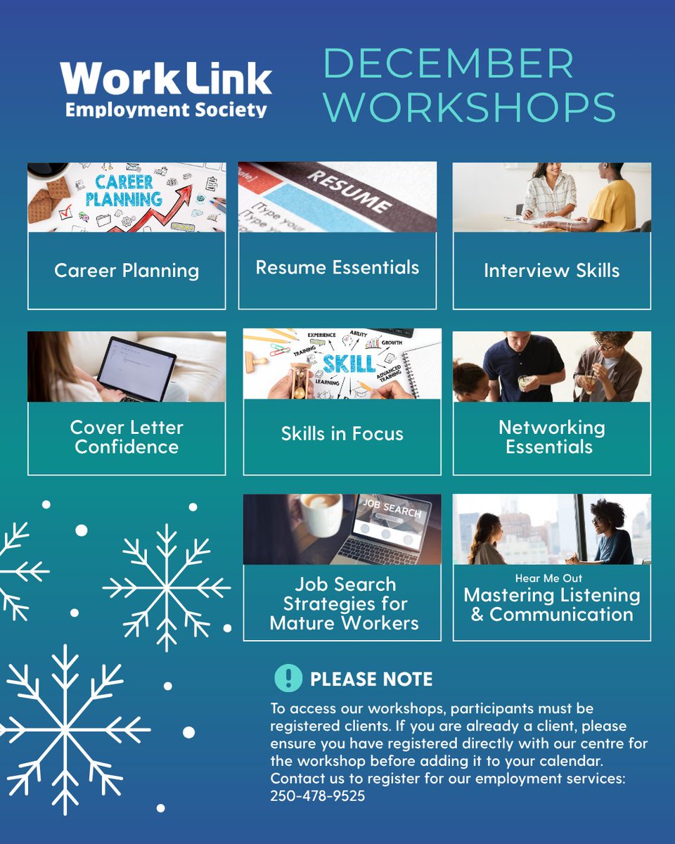 Looking to give your job search a jumpstart before the new year? ❄️
Join us for our December workshops at our Westshore and Sooke offices! 

See our workshop calendar here: worklink.bc.ca/workshops-even… 

#WorkLink #Workshops