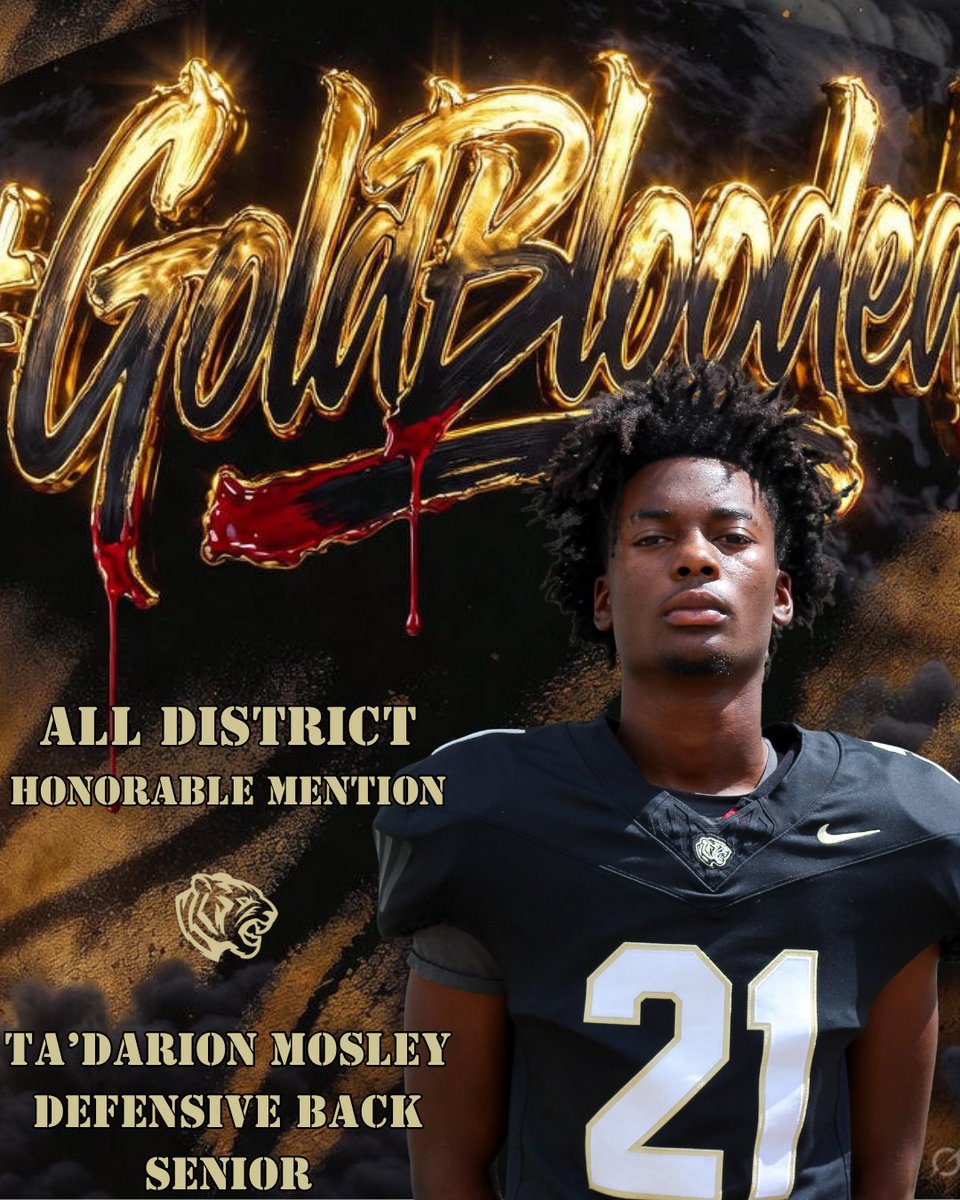 Congratulations to Ta'Darion Mosley on being named 16-6A Honorable Mention.   

#GoldBlooded

<a href="/CoachLawrenceFB/">Donald Lawrence</a> <a href="/CyParkAthletics/">Cy Park Athletics</a> <a href="/DB_CoachFish/">Coach Aaron Fisher</a>