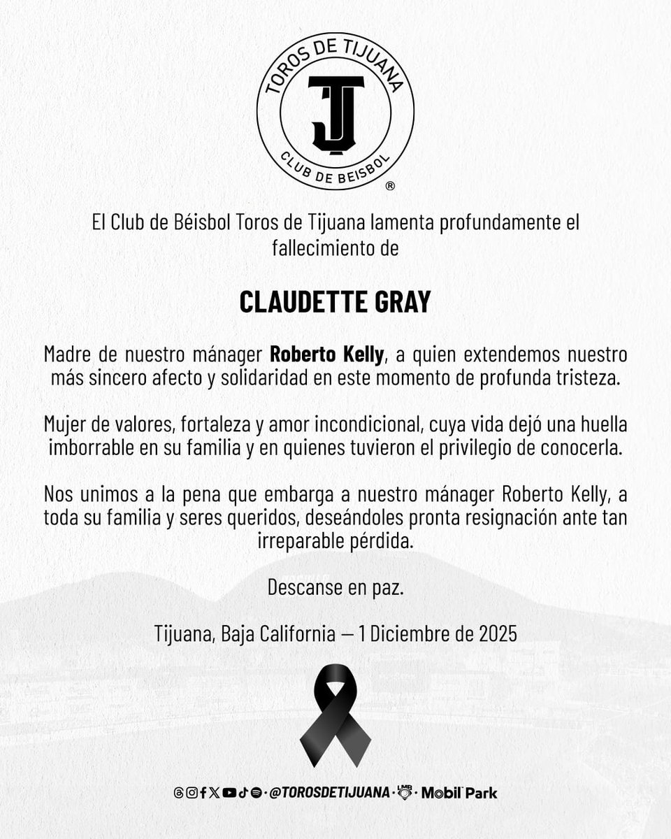 Lamentamos profundamente el fallecimiento de Claudette Gray

Madre de nuestro Mánager Roberto Kelly. Descanse en paz 🙏🕊