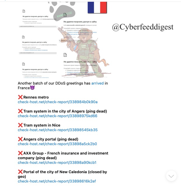 cyberfeeddigest's tweet image. 🚨 The pro-Russian group #NoName057 targeted #France with #DDOS attacks, hitting multiple services:

❌Rennes Metro
❌Angers Tram
❌Nice Tram
❌Angers City Portal
❌AXA Group
❌New Caledonia City Portal
Ongoing disruptions reported.