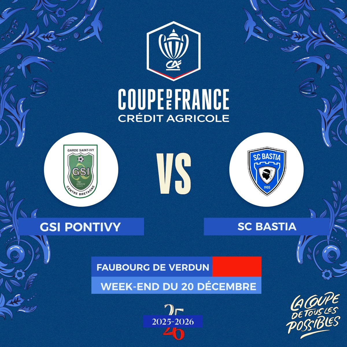 𝑻𝒊𝒓𝒂𝒈𝒆 𝑪𝒐𝒖𝒑𝒆 𝒅𝒆 𝑭𝒓𝒂𝒏𝒄𝒆
 
Nos garçons affronteront le SC Bastia (Ligue 2) en 32ᵉ de finale de la 𝑪𝒐𝒖𝒑𝒆 𝒅𝒆 𝑭𝒓𝒂𝒏𝒄𝒆 !

Réservez donc votre 𝒘𝒆𝒆𝒌-𝒆𝒏𝒅 𝒅𝒖 20 𝒅𝒆́𝒄𝒆𝒎𝒃𝒓𝒆 pour faire en sorte que les fêtes de Noël soient encore plus belles
