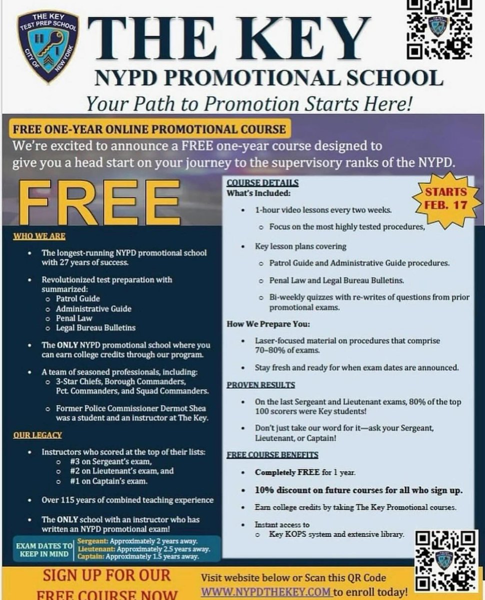 TheKeyTestPrep's tweet image. Sign up for our FREE course now and get access to all previously covered material. 

Visit nypdthekey.com for more information.